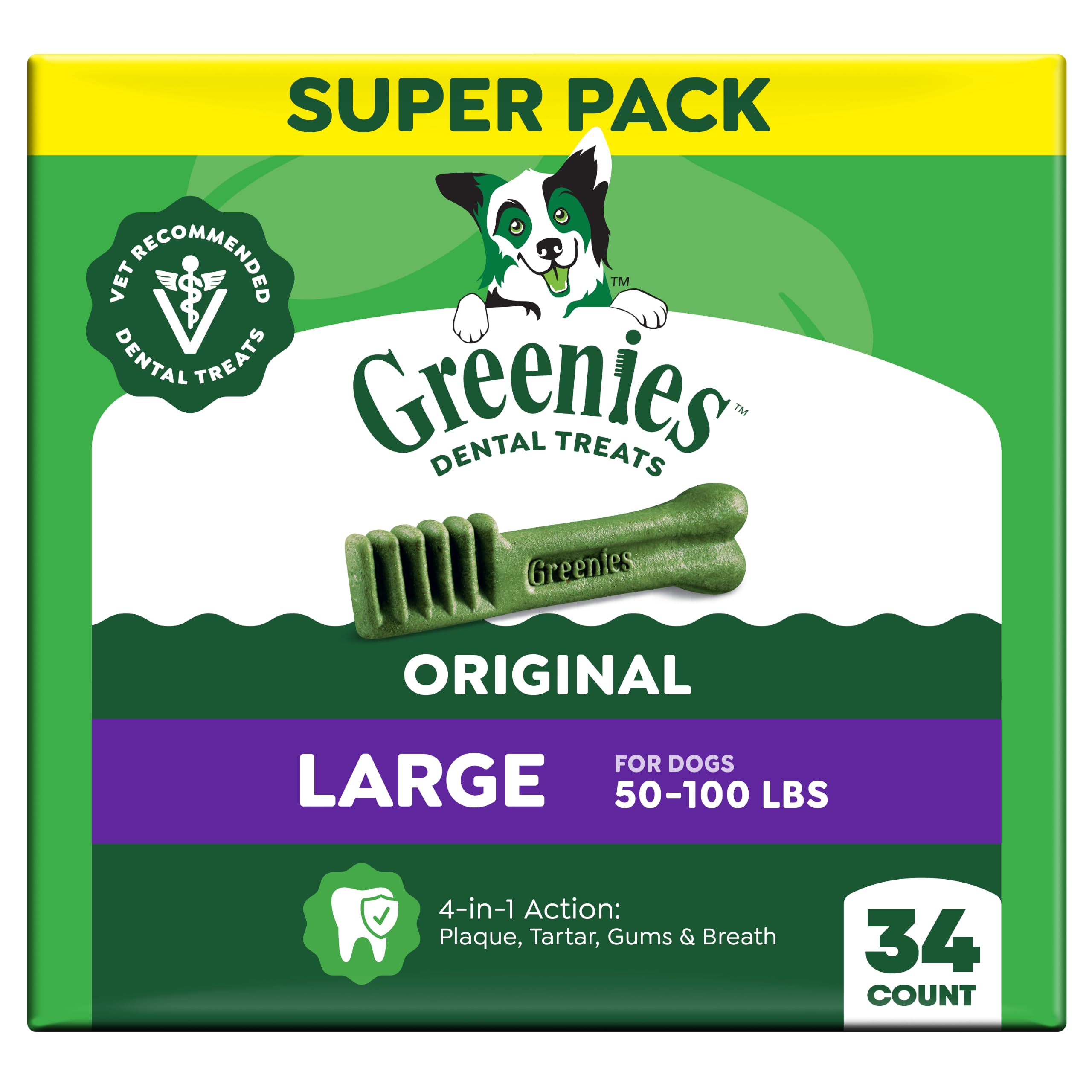Greenies front packaging showing brand and count, convenient daily dental care