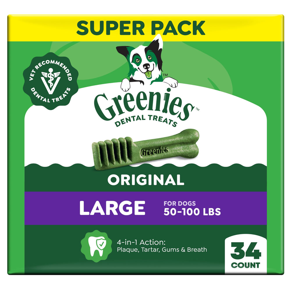 Greenies front packaging showing brand and count, convenient daily dental care
