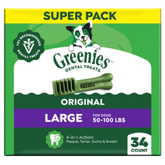 Greenies front packaging showing brand and count, convenient daily dental care
