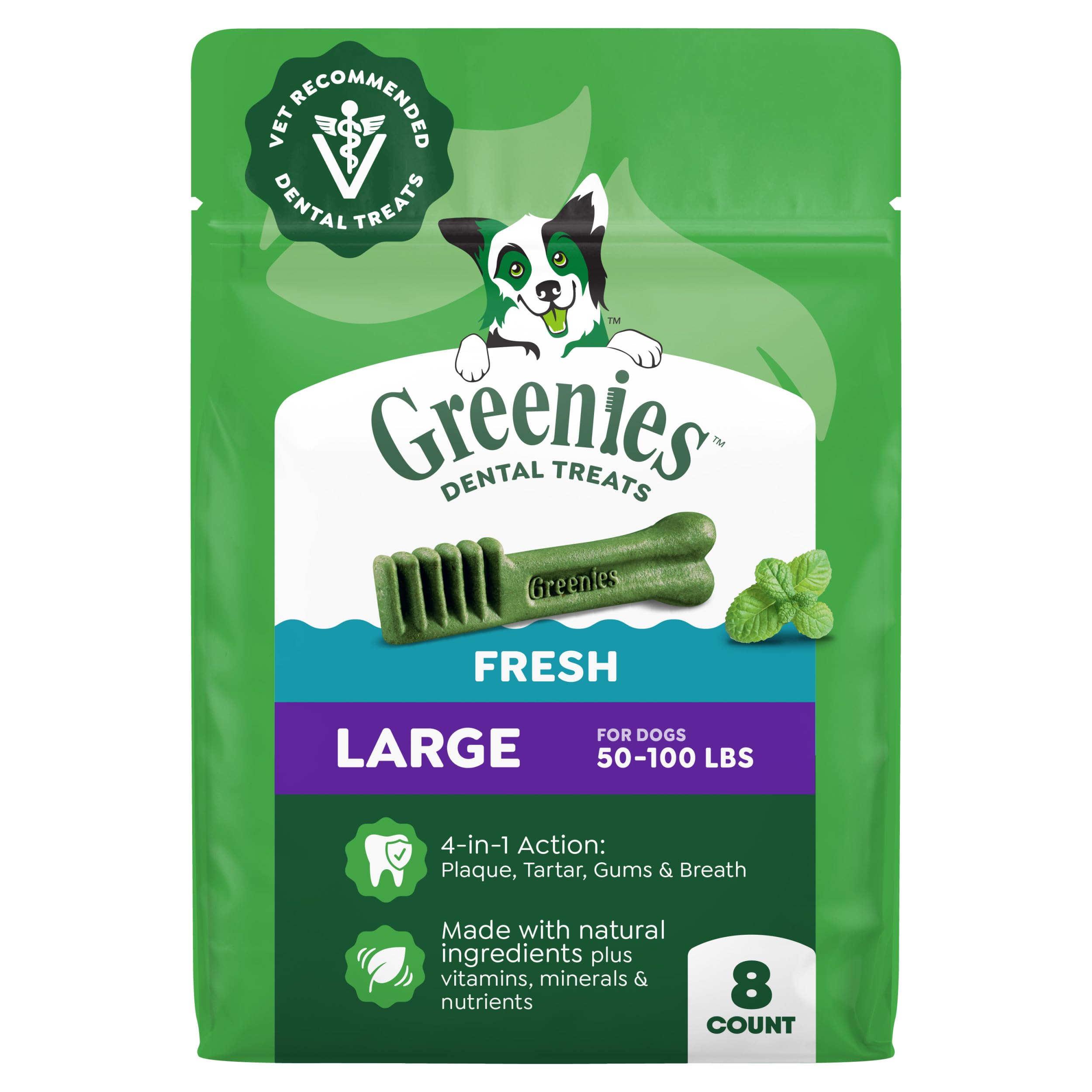 Greenies front packaging showing product benefits and count