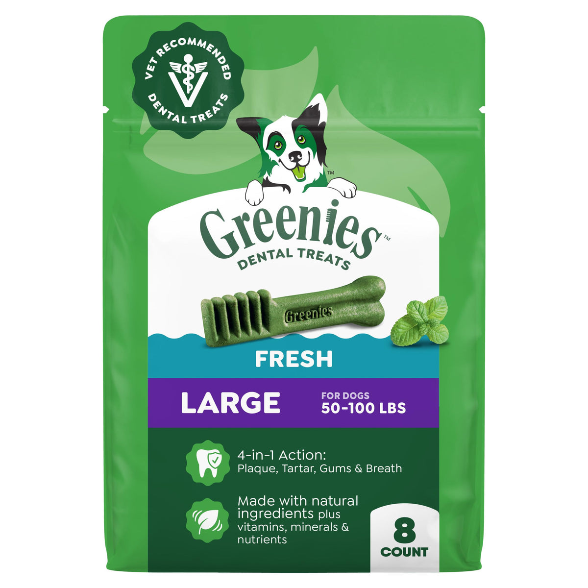 Greenies front packaging showing product benefits and count