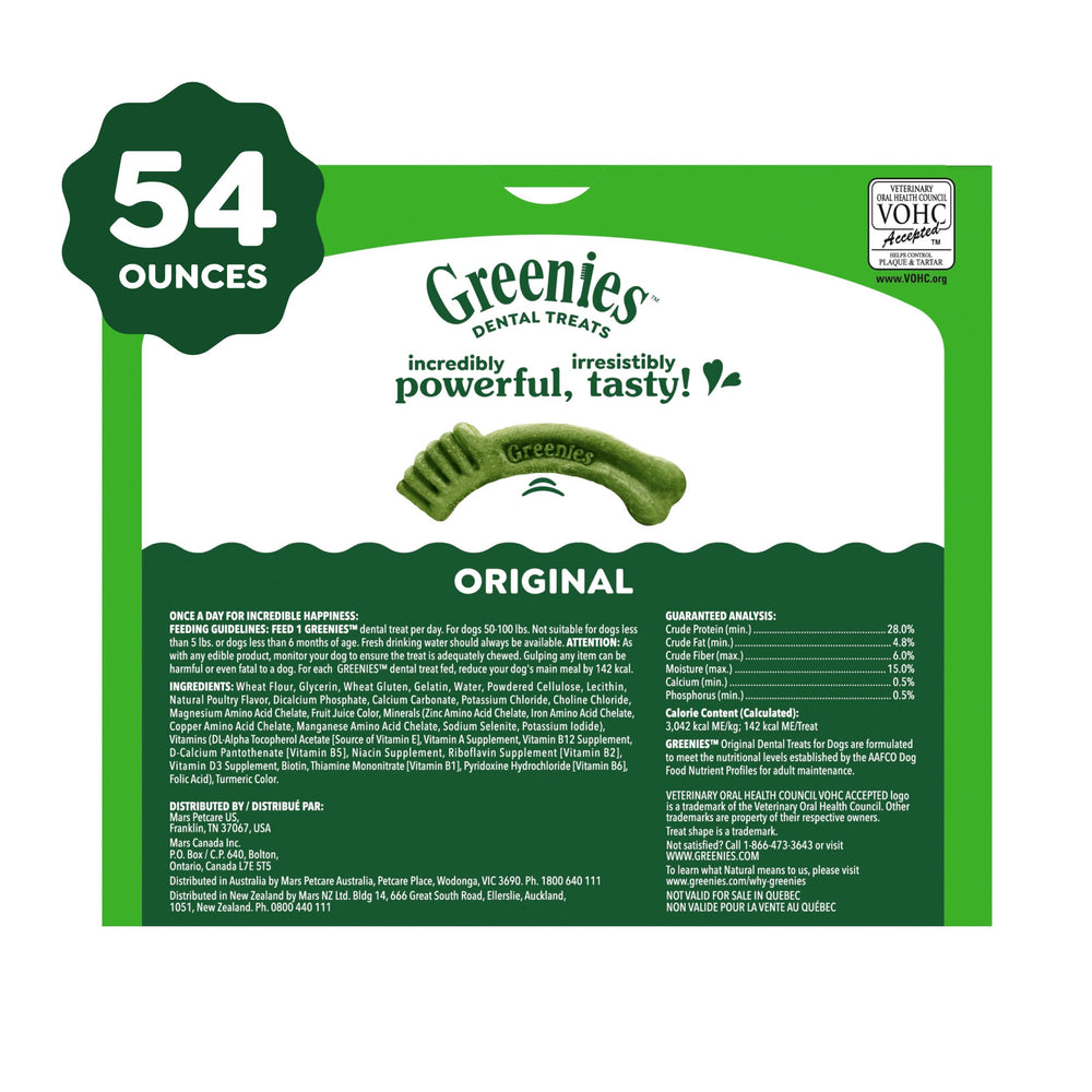 Nutrition label close-up on Greenies bag, Greenies transparent ingredient info