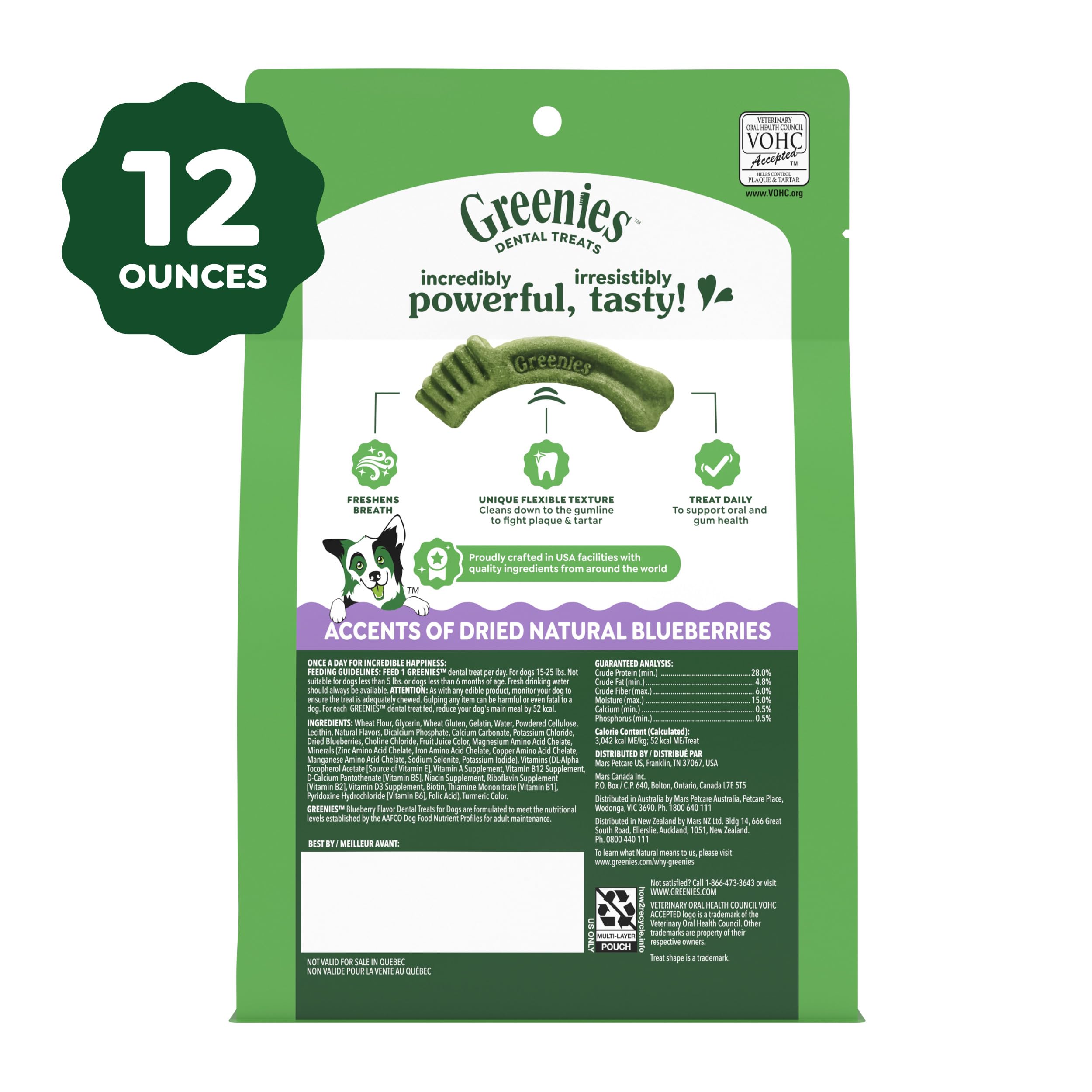 Blueberries beside Greenies petite chew illustrating natural flavoring