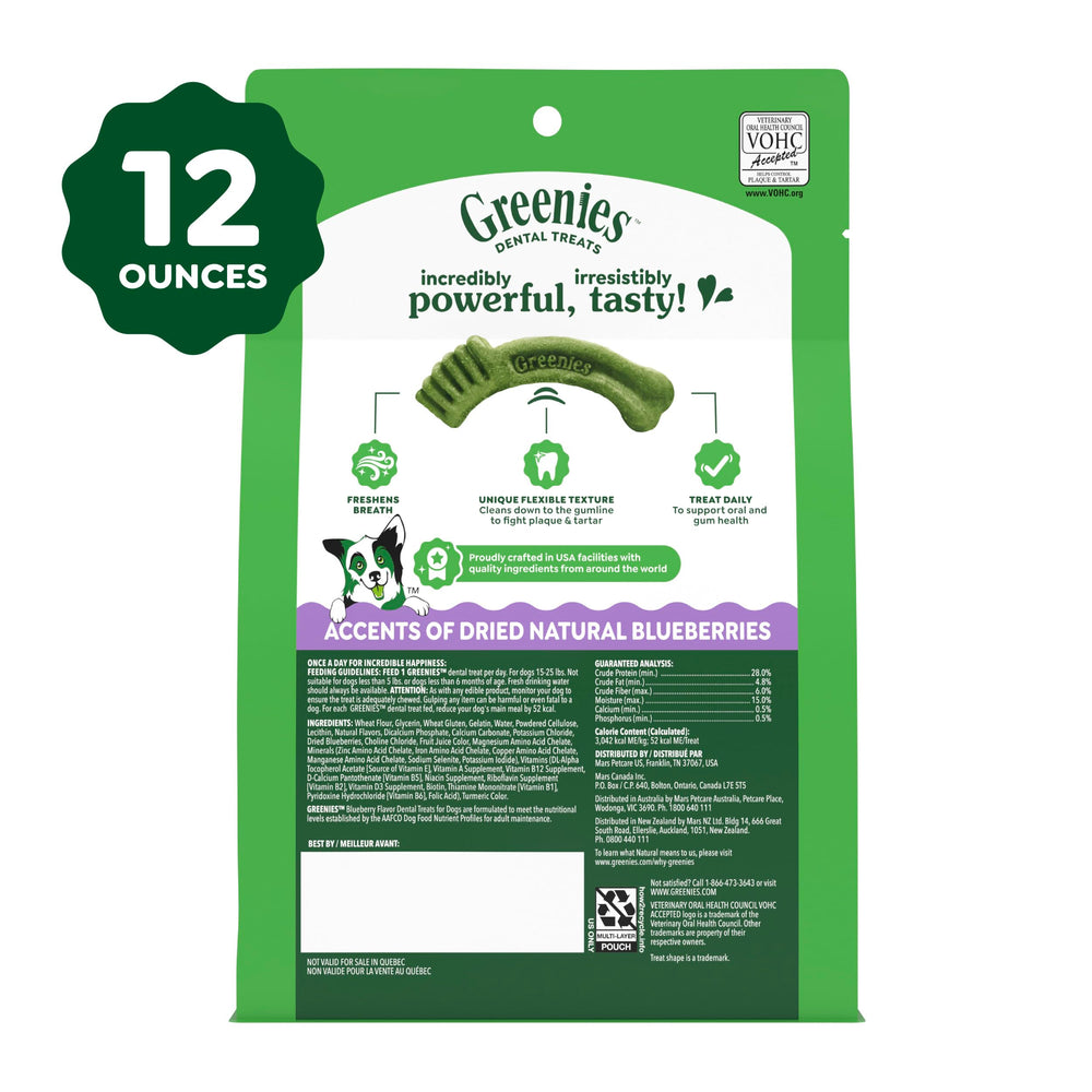 Blueberries beside Greenies petite chew illustrating natural flavoring