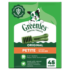 Greenies petite front package showing original flavor and count benefits