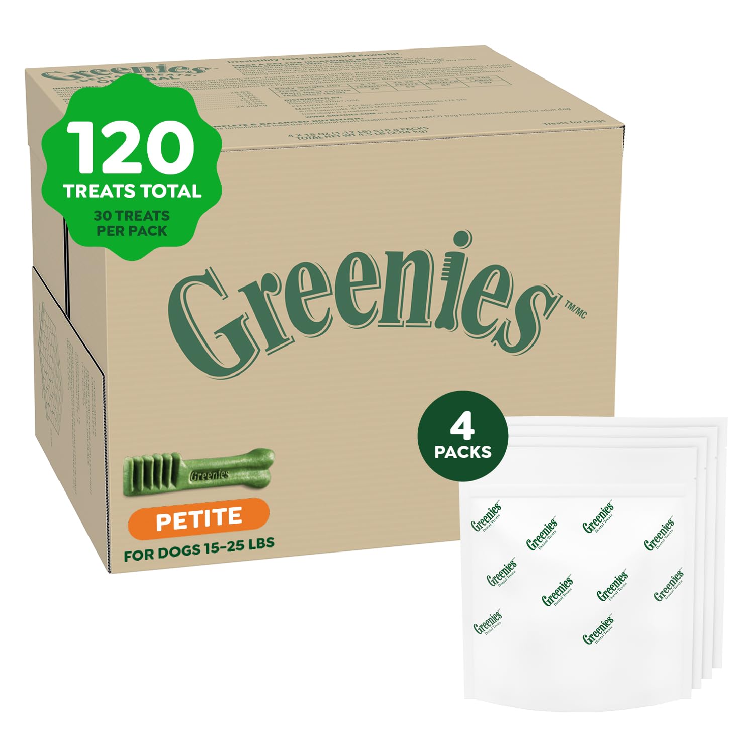 Greenies petite front packaging showing product benefits and vet recommendation