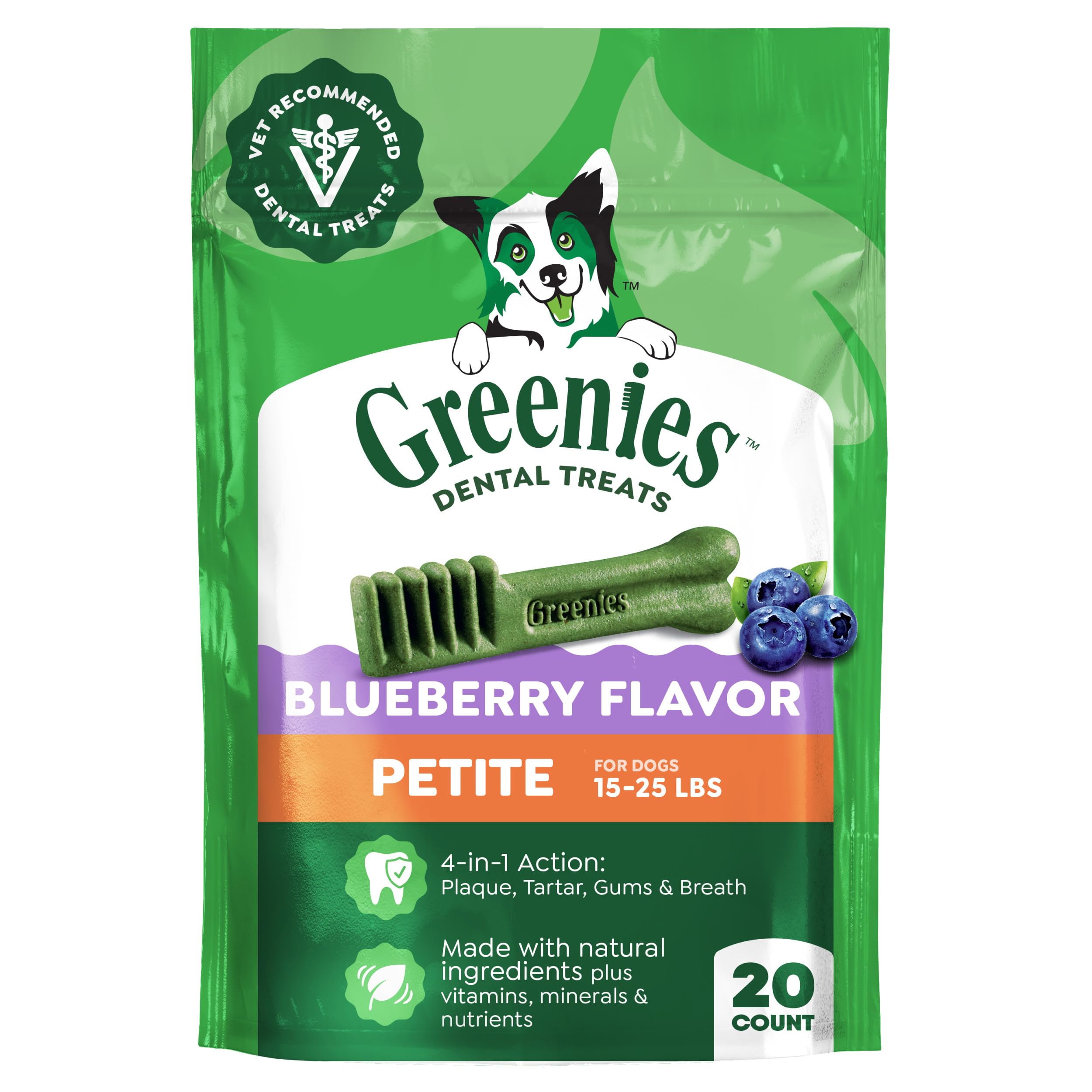 Greenies petite front packaging showing blueberry flavor and benefits