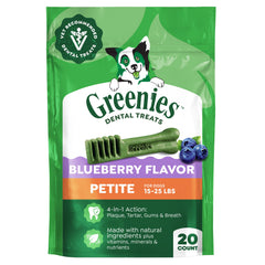 Greenies petite front packaging showing blueberry flavor and benefits
