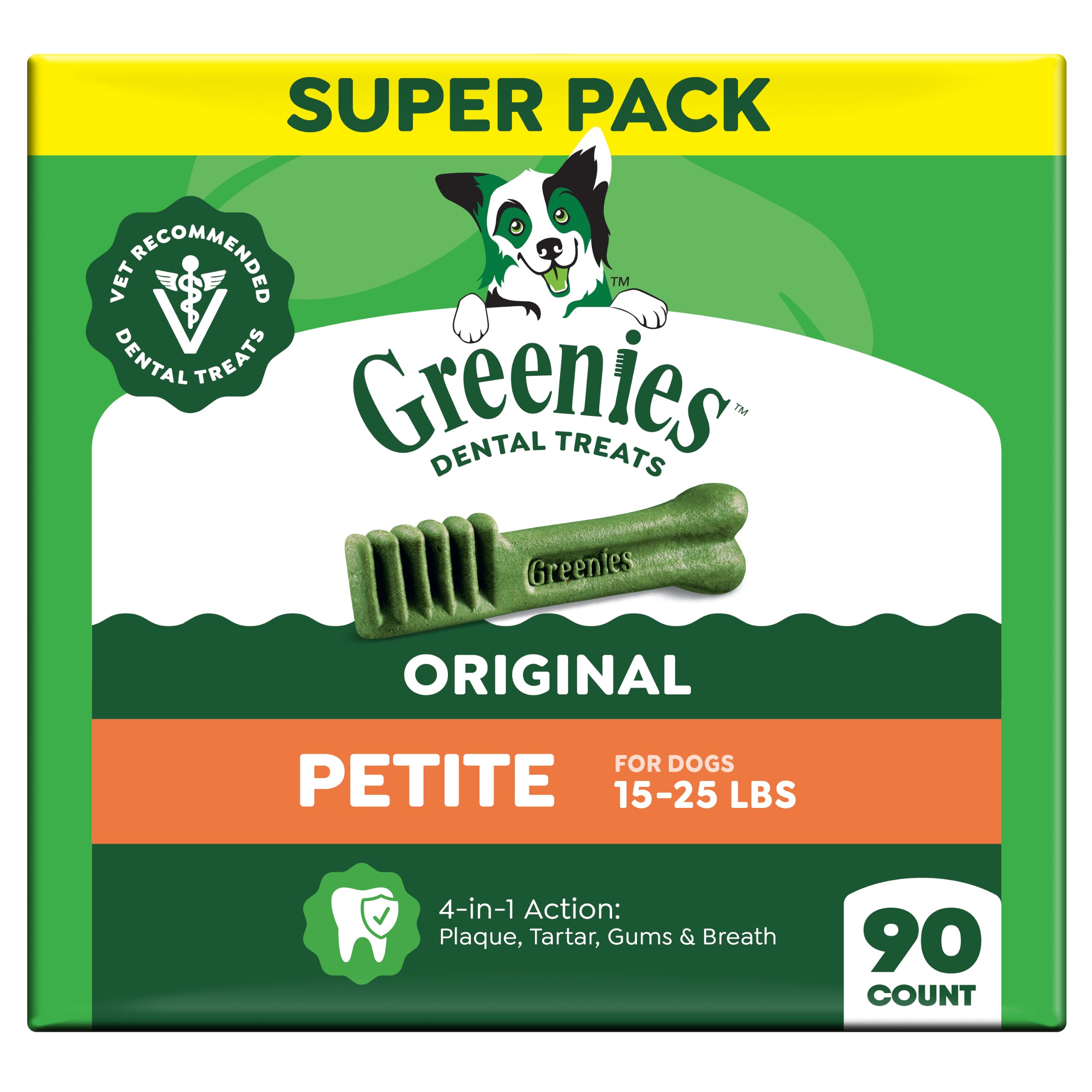 Greenies Petite front packaging showing 90-count and benefits
