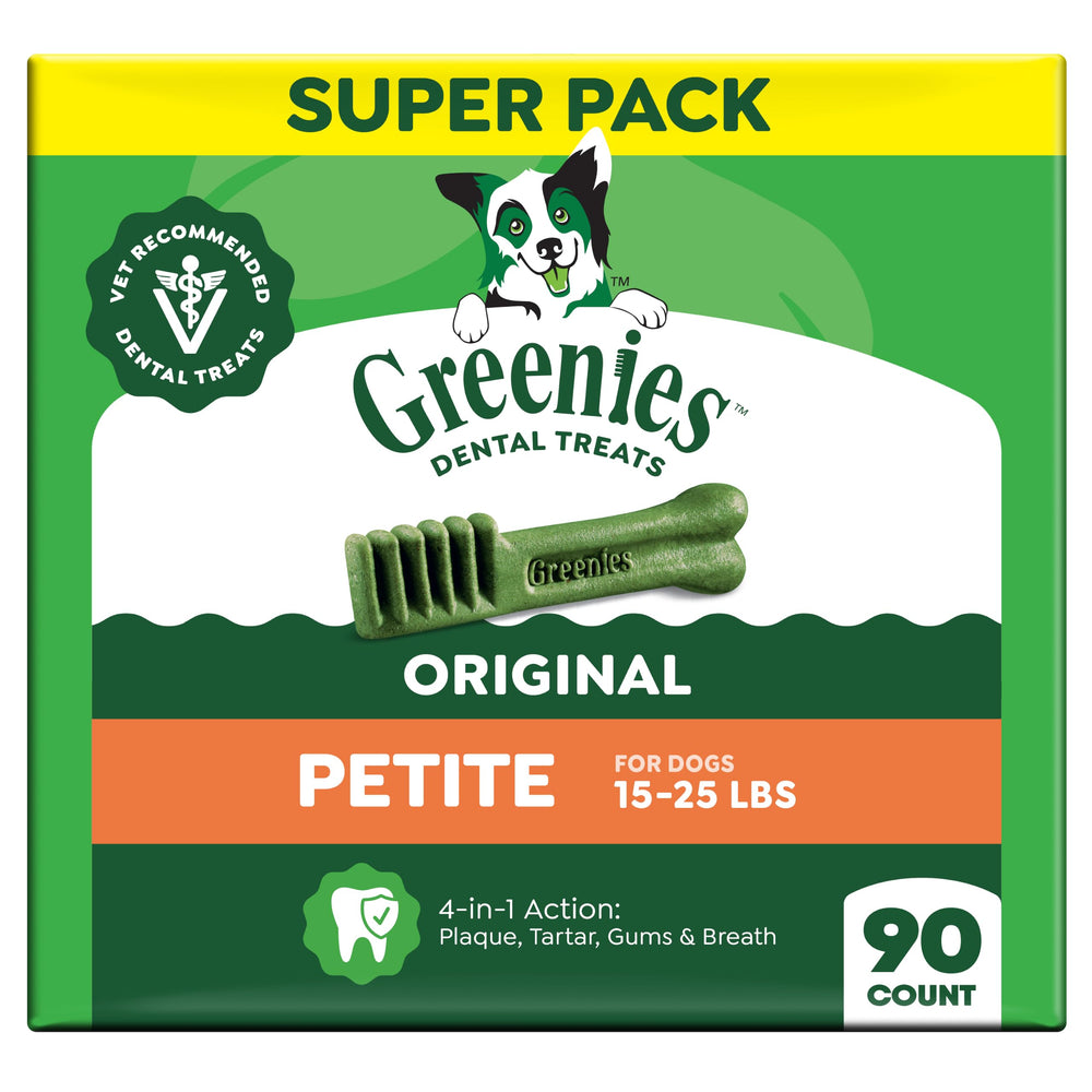 Greenies Petite front packaging showing 90-count and benefits