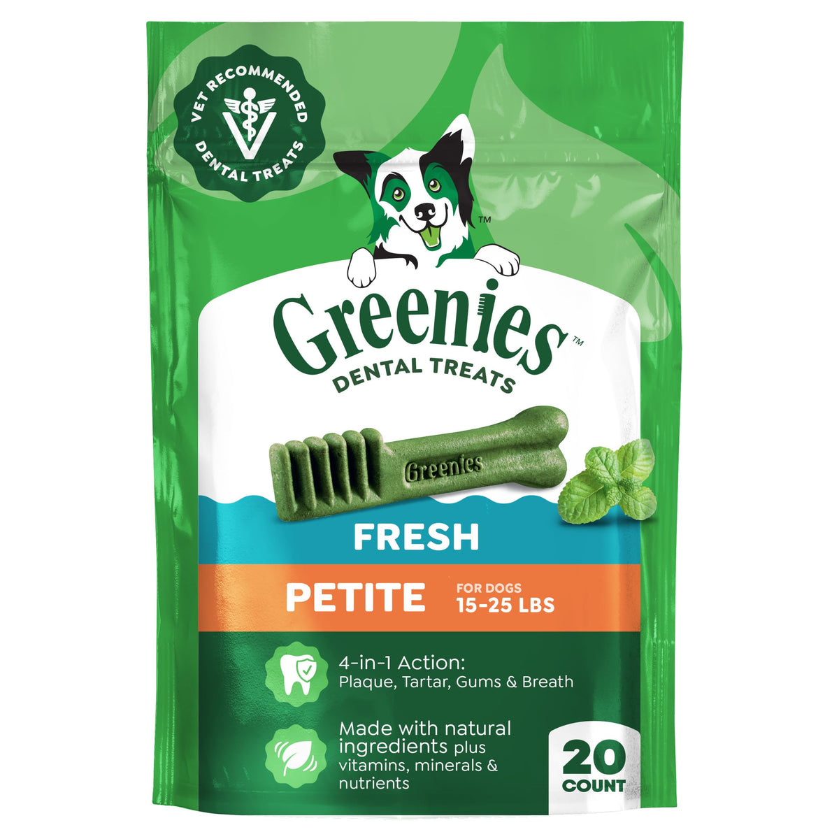 Greenies petite front packaging shows brand and count for easy identification