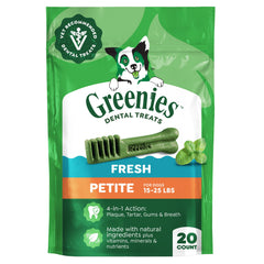 Greenies petite front packaging shows brand and count for easy identification