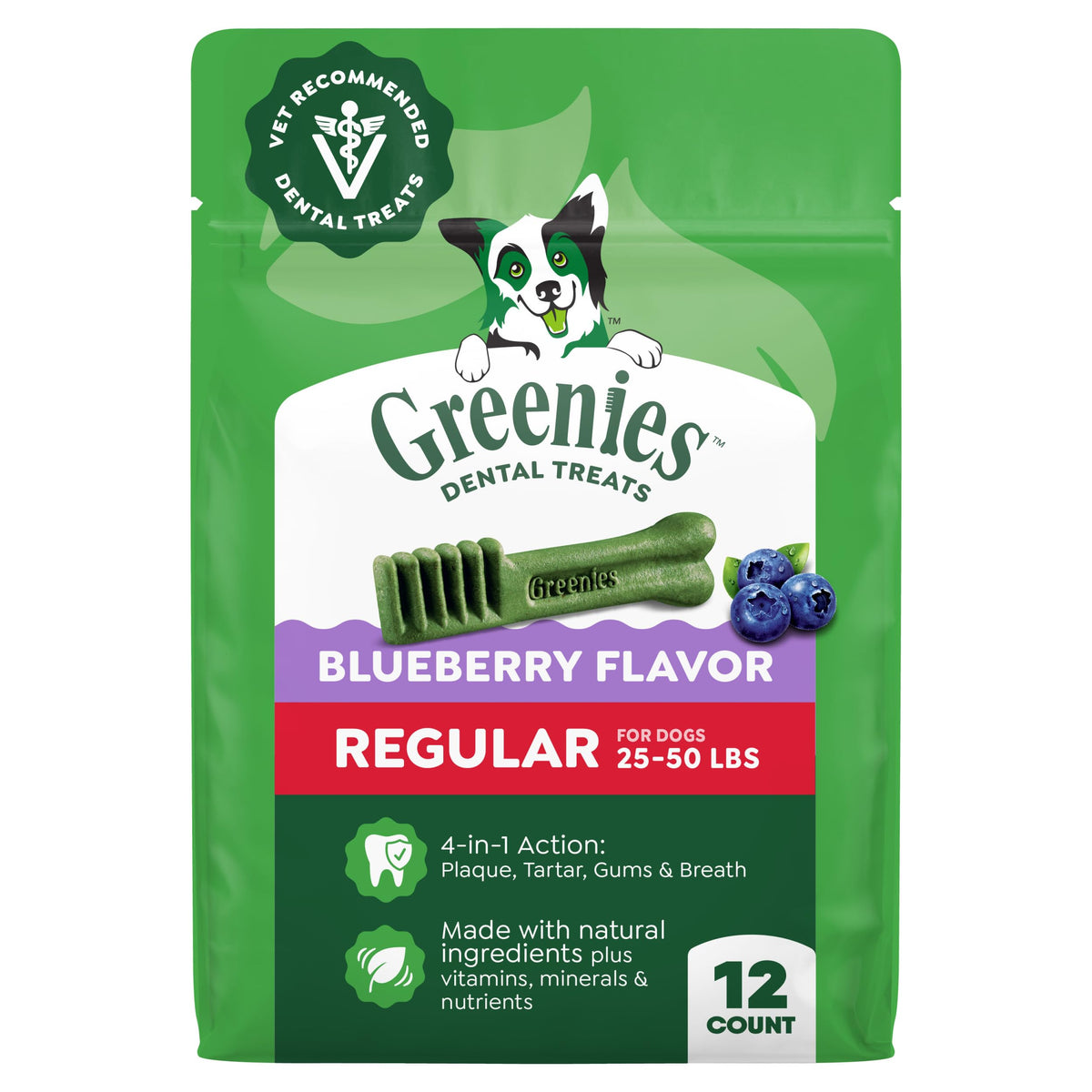 Greenies front pack showing blueberry flavor and 12-count for easy selection