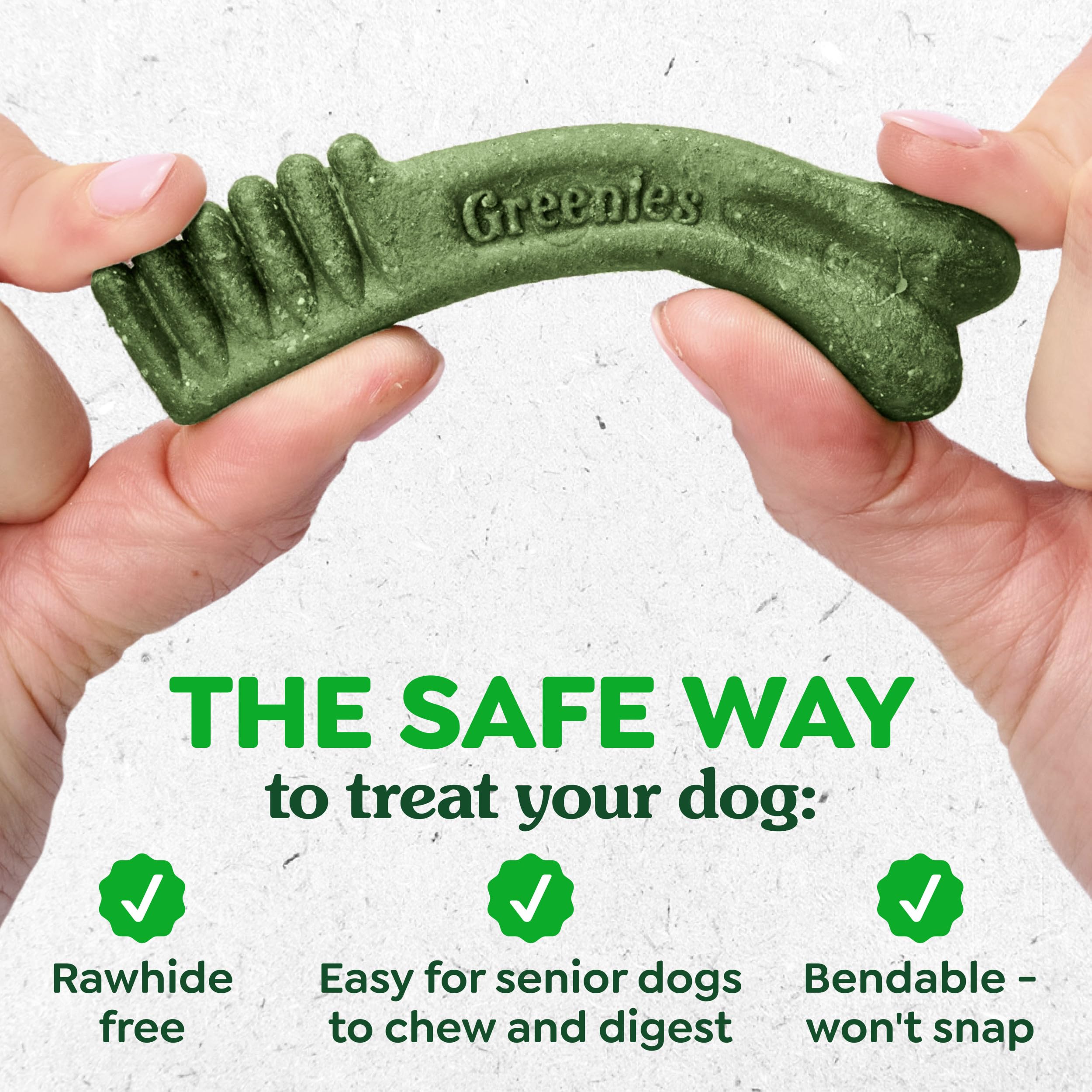 Greenies chew being folded to show bendable, rawhide-free safety