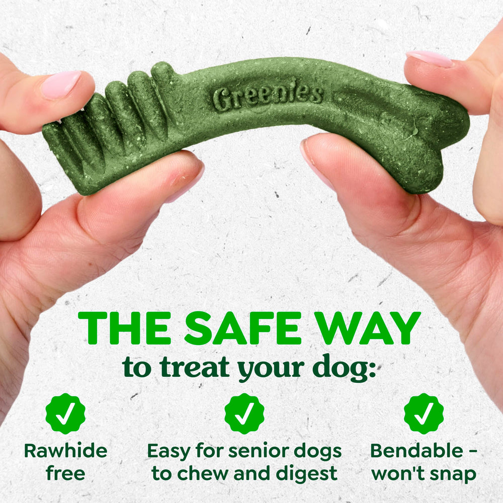 Greenies chew being folded to show bendable, rawhide-free safety