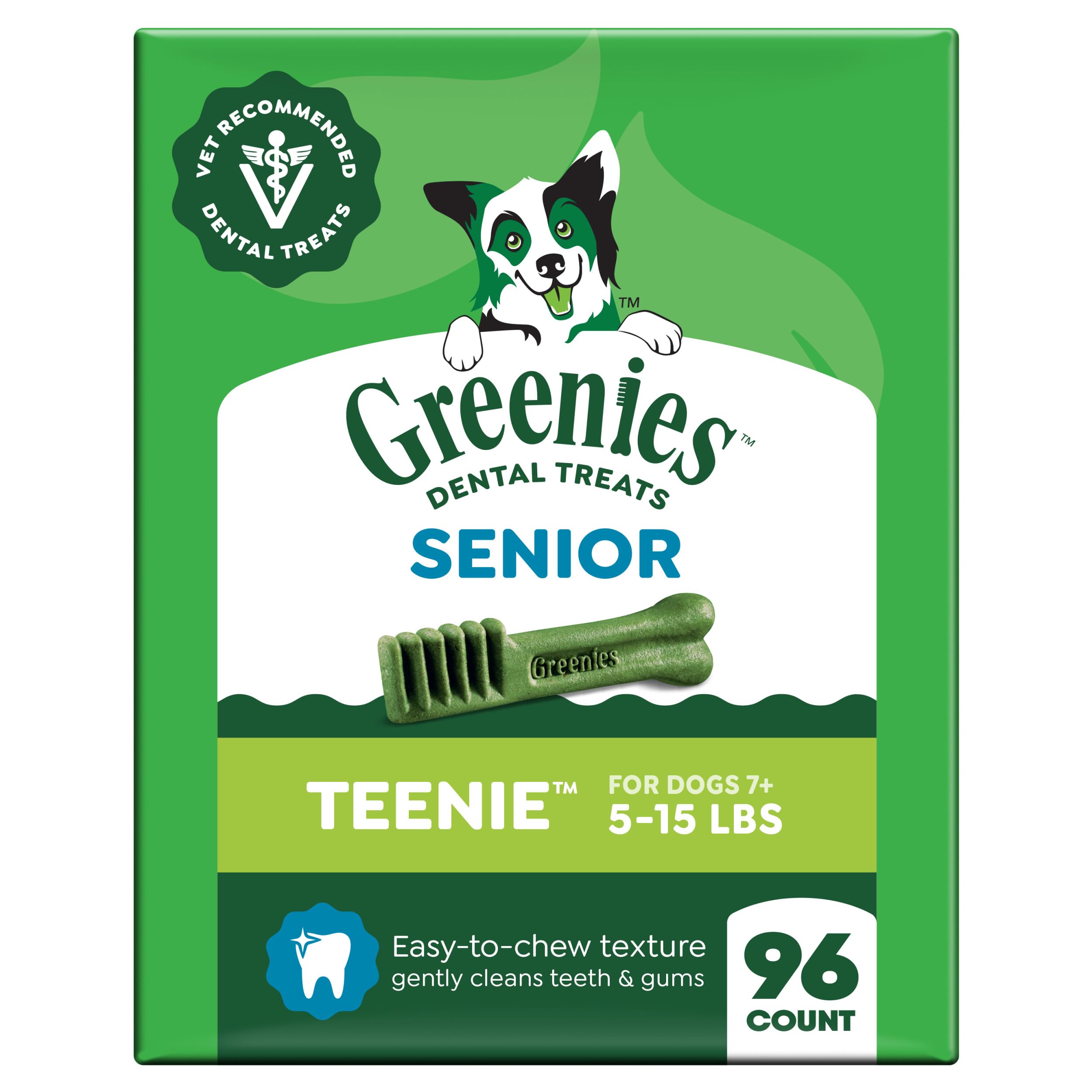Greenies front packaging showing Senior Teenie 96 count and benefits