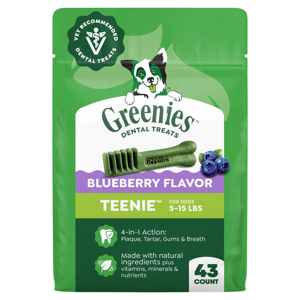 Greenies Teenie front packaging showing blueberry flavor and 43 count benefit
