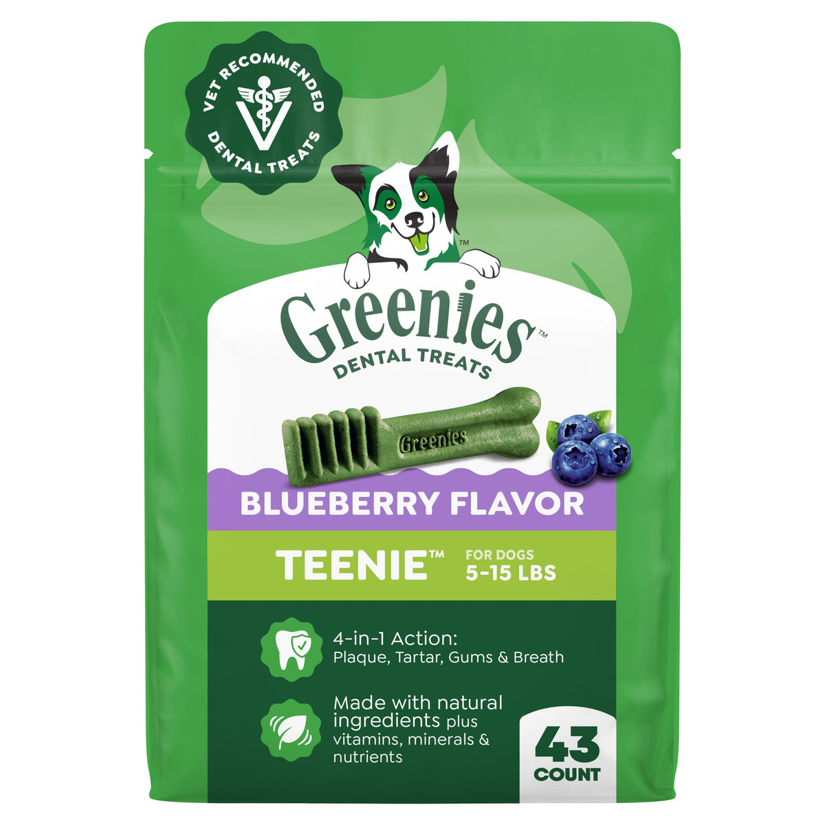 Greenies Teenie front packaging showing blueberry flavor and 43 count benefit