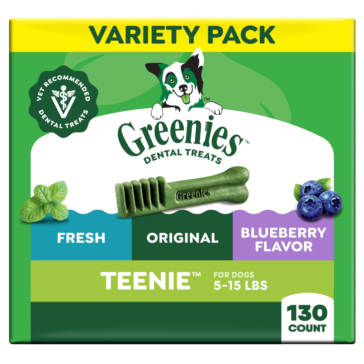 Greenies teenie front packaging showing product and benefits