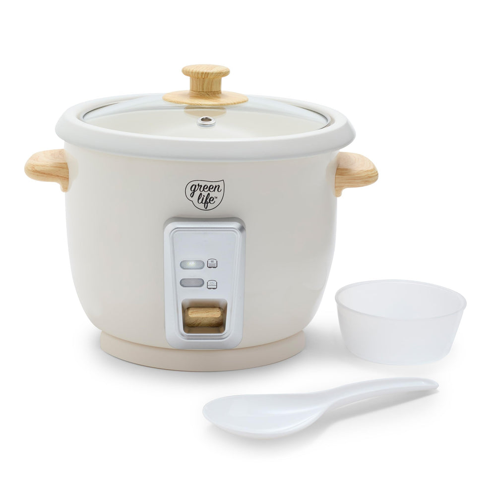 GreenLife front view of cream rice cooker showing compact design and brand benefit