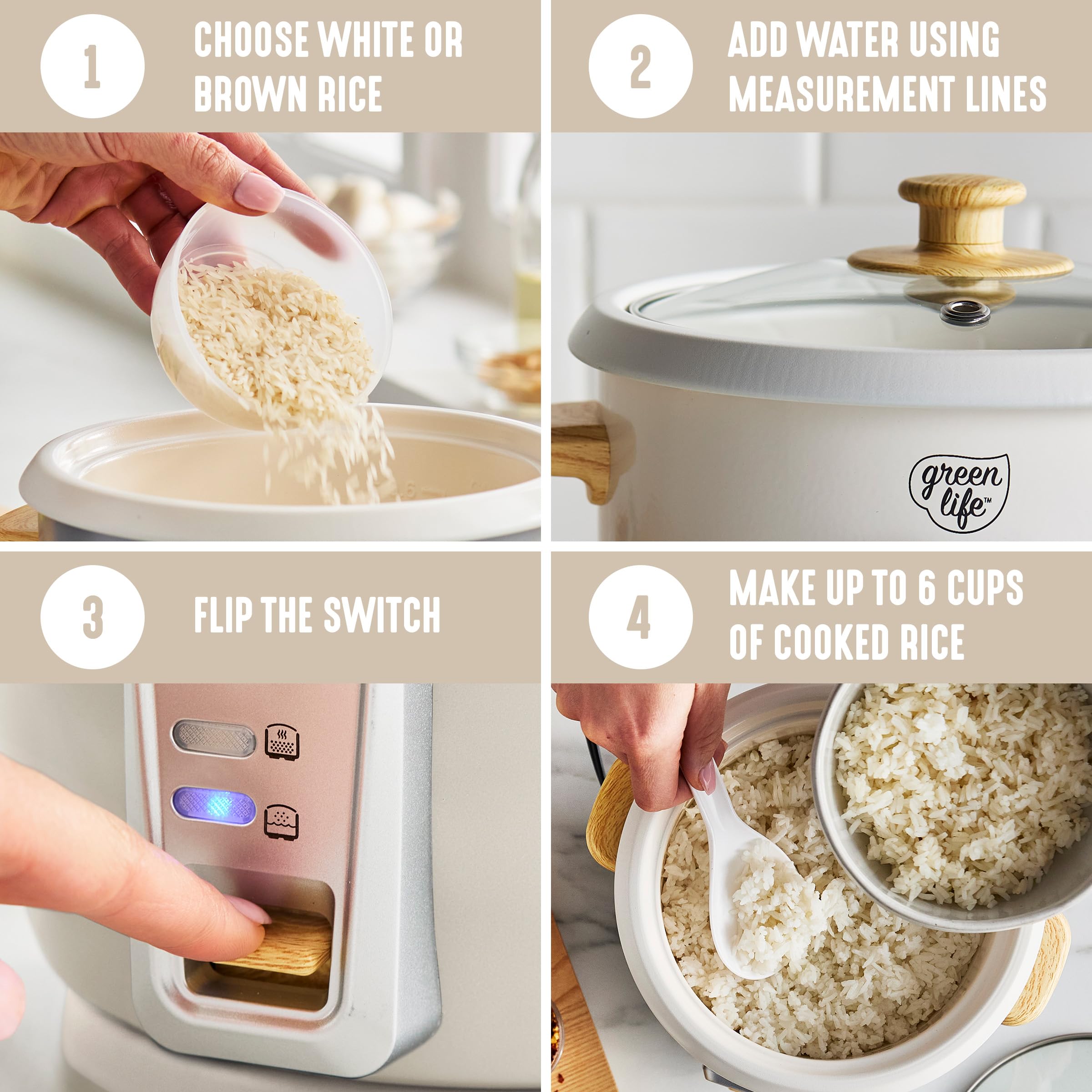 GreenLife open lid revealing full 6-cup cooked capacity and practical benefit