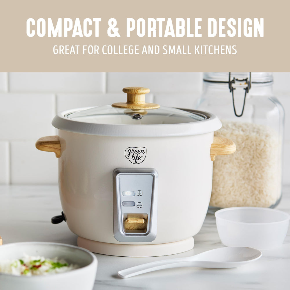 GreenLife rice cooker beside fruit for size comparison and space-saving benefit