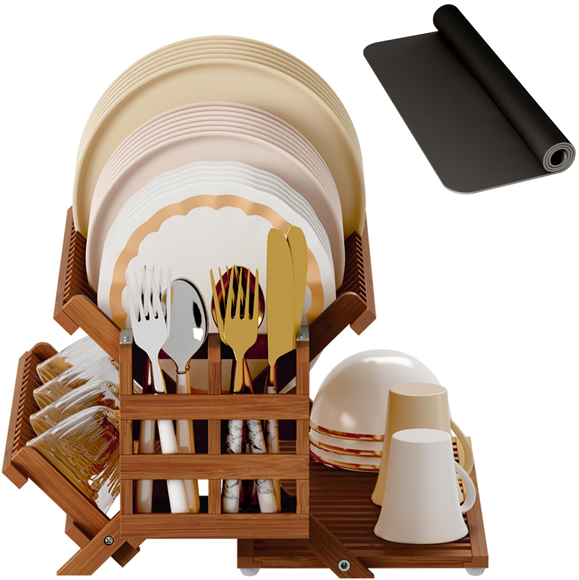 Greenual front view of teak rack showing three tiers and neat organization benefit