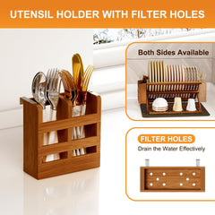 Greenual utensil holder close-up with drainage holes and organized cutlery benefit