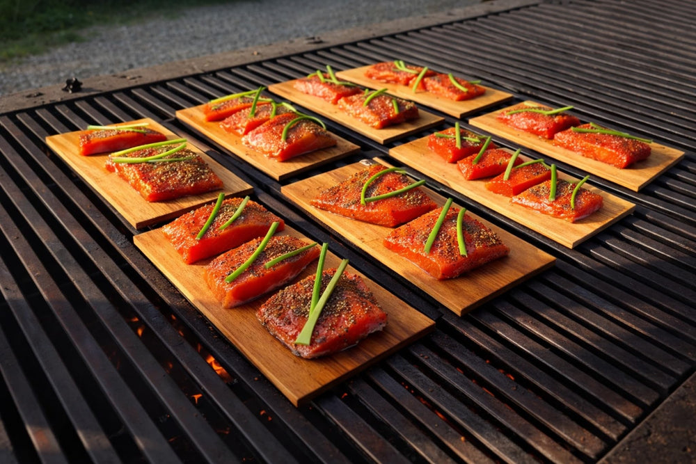 Grill Gourmet cedar plank with salmon on grill demonstrating hands-off smoke flavor