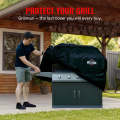 Grillman cover fitted on a medium gas grill keeping components protected