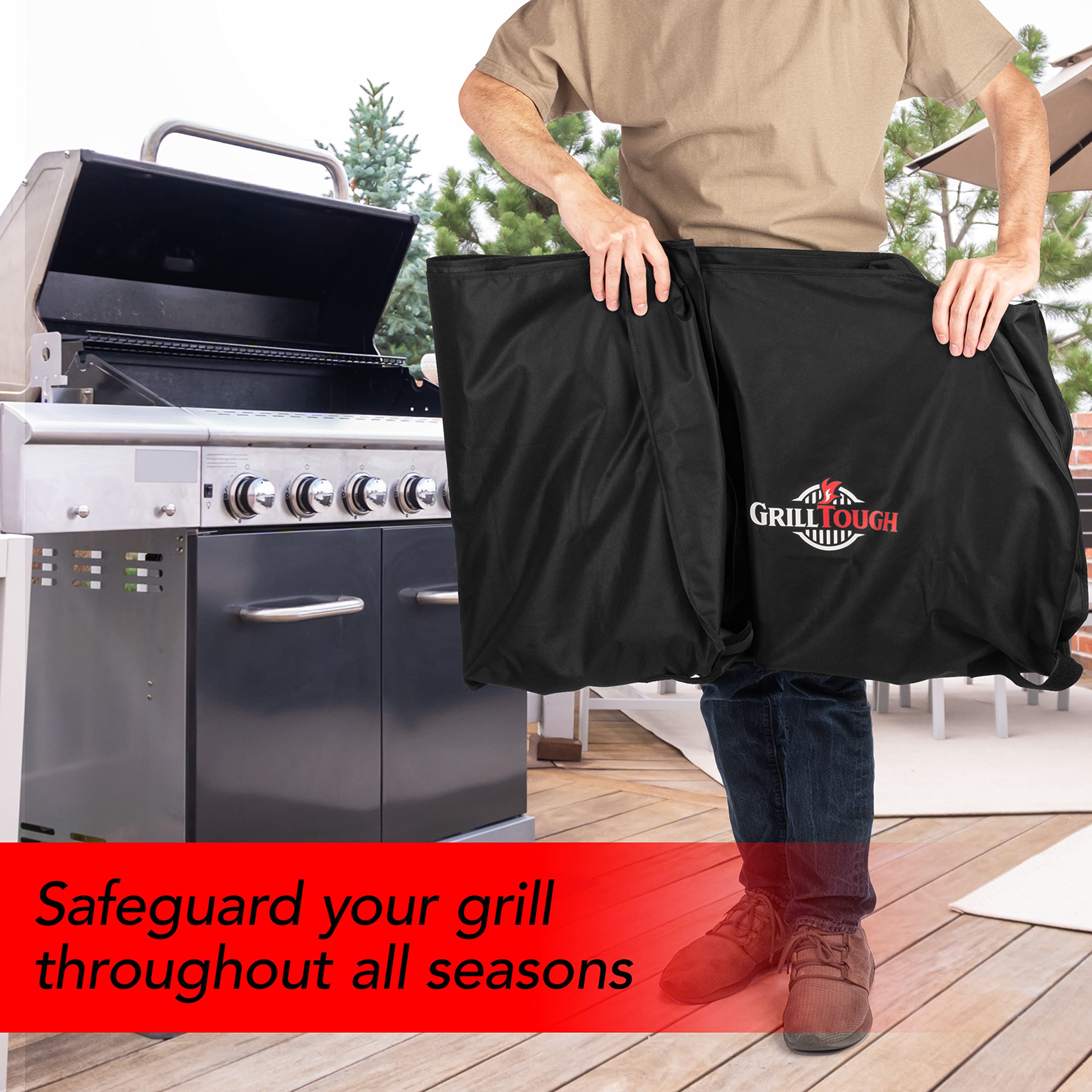 GrillTough label and dimensions tag displaying product sizing and material info