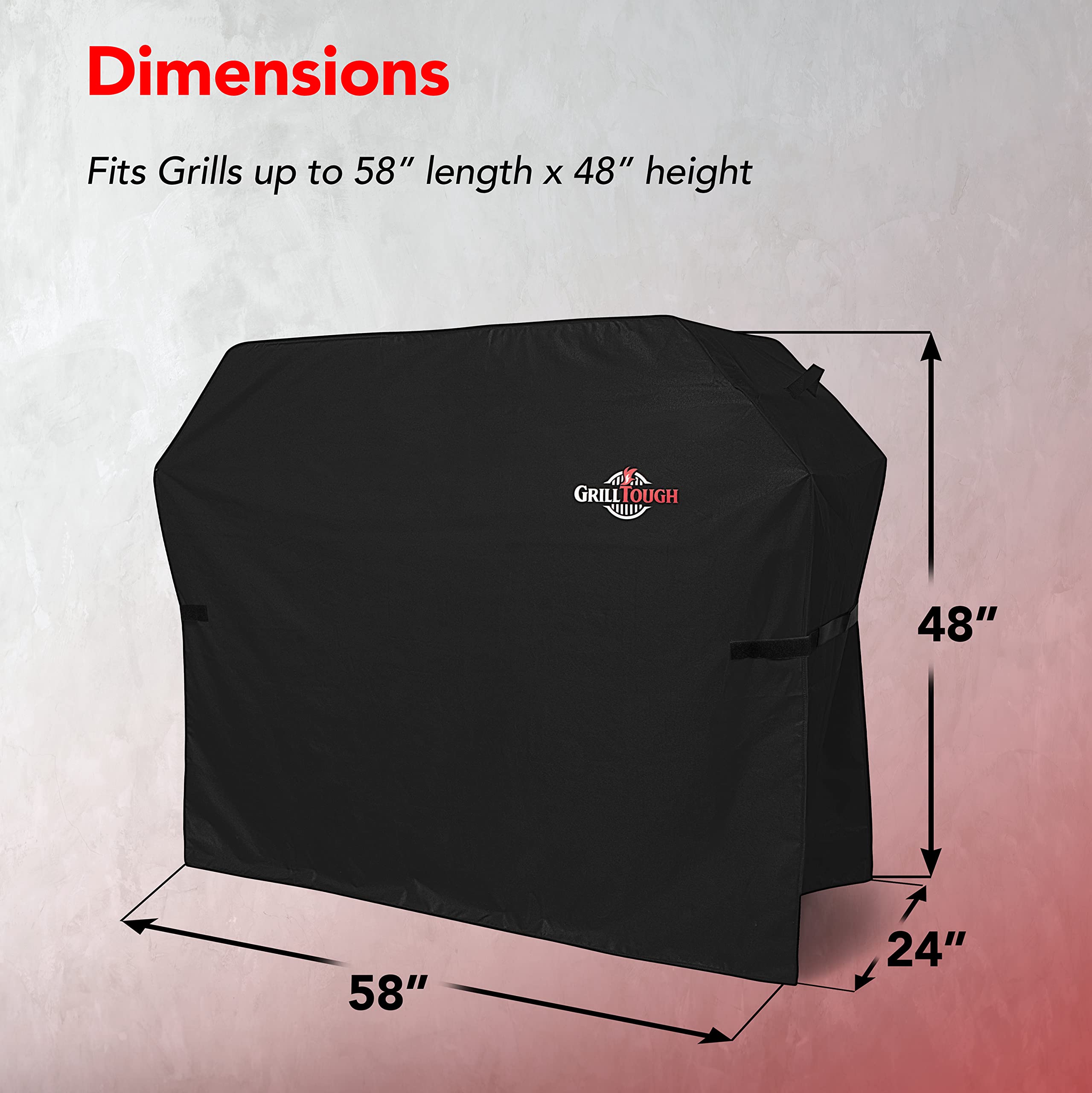 GrillTough cover on grill with scale comparison showing accurate 58-inch fit