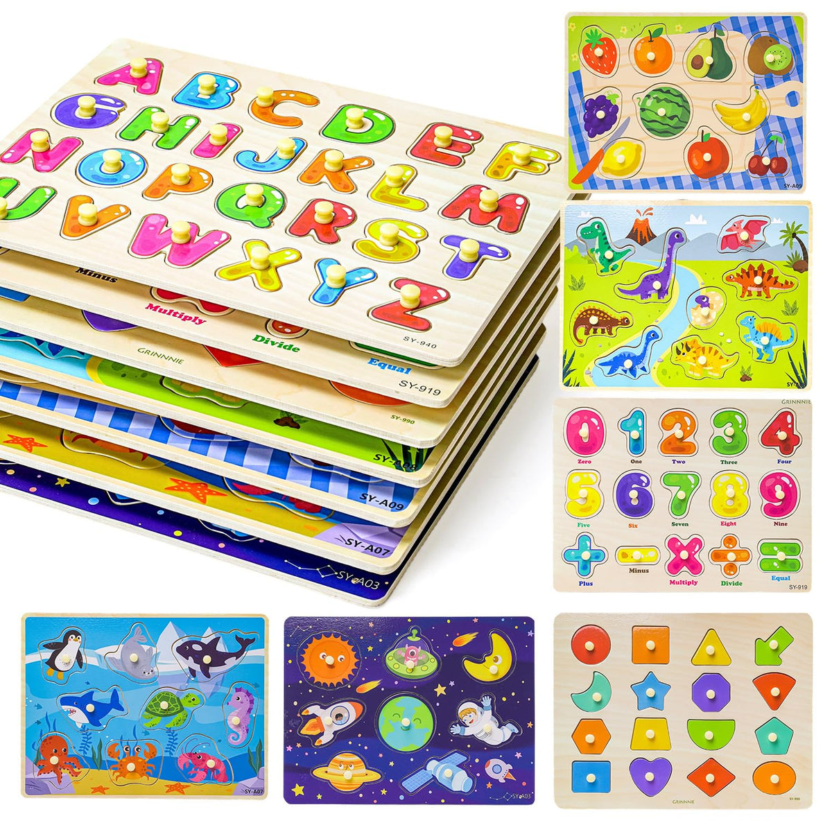 GRINNIE front packaging showing all seven themed puzzles and benefits