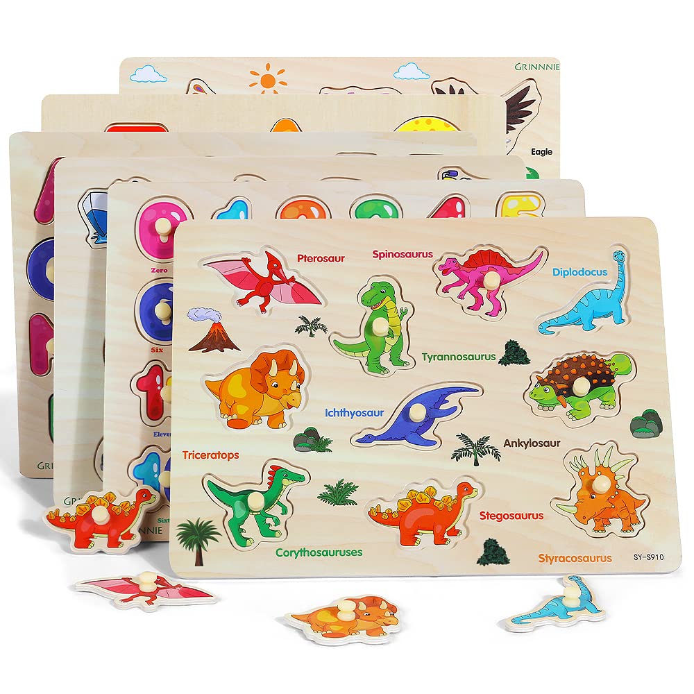 GRINNNIE scattered animal and dinosaur pieces showing bright colors to spark interest