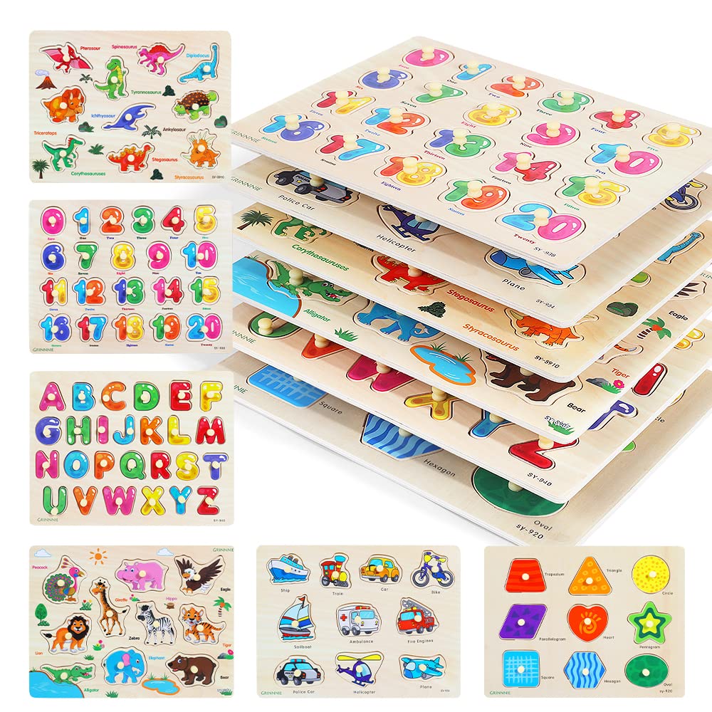 GRINNNIE front packaging showing six wooden peg puzzles and box for storage benefit
