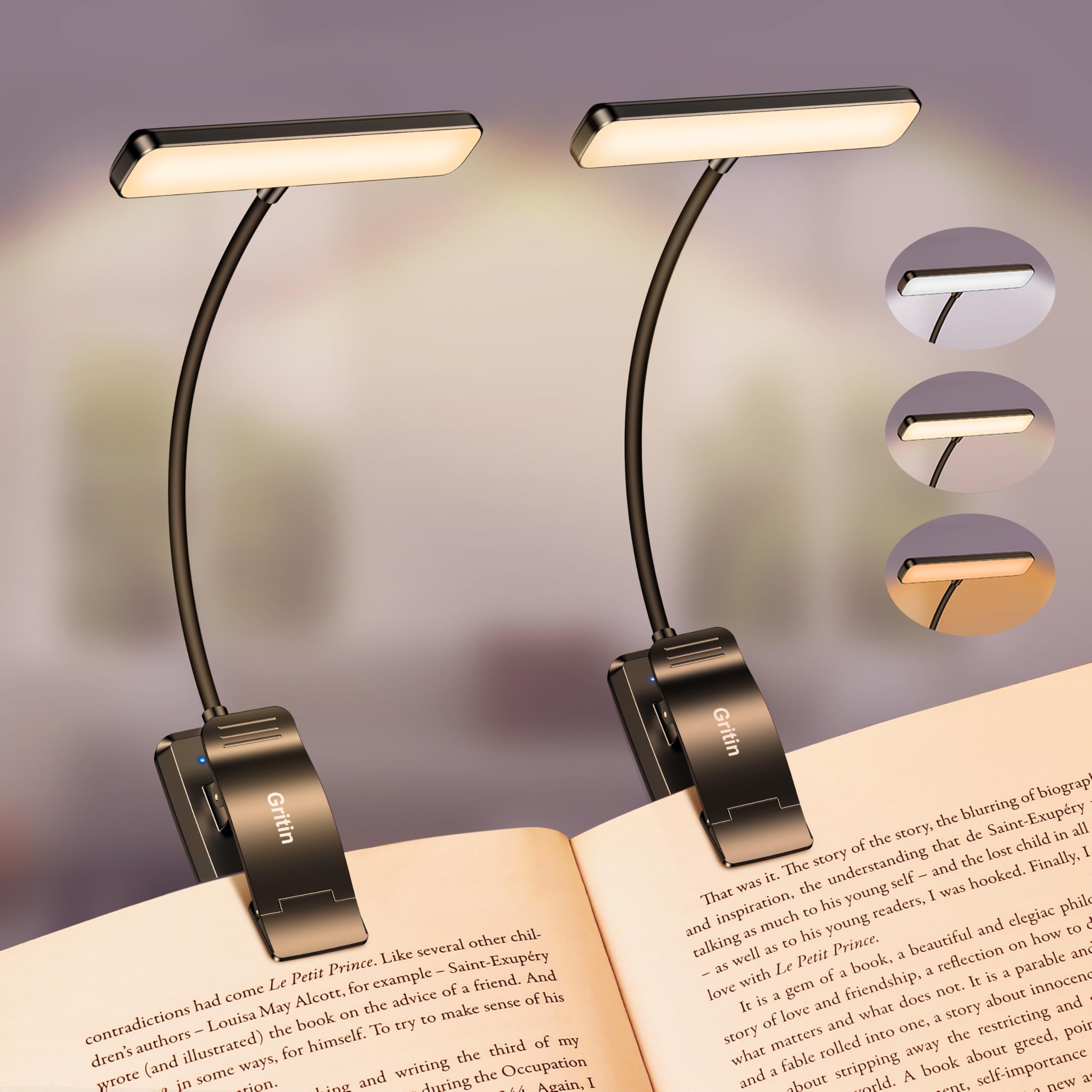 Gritin front view of clip-on book light shows compact design and even illumination