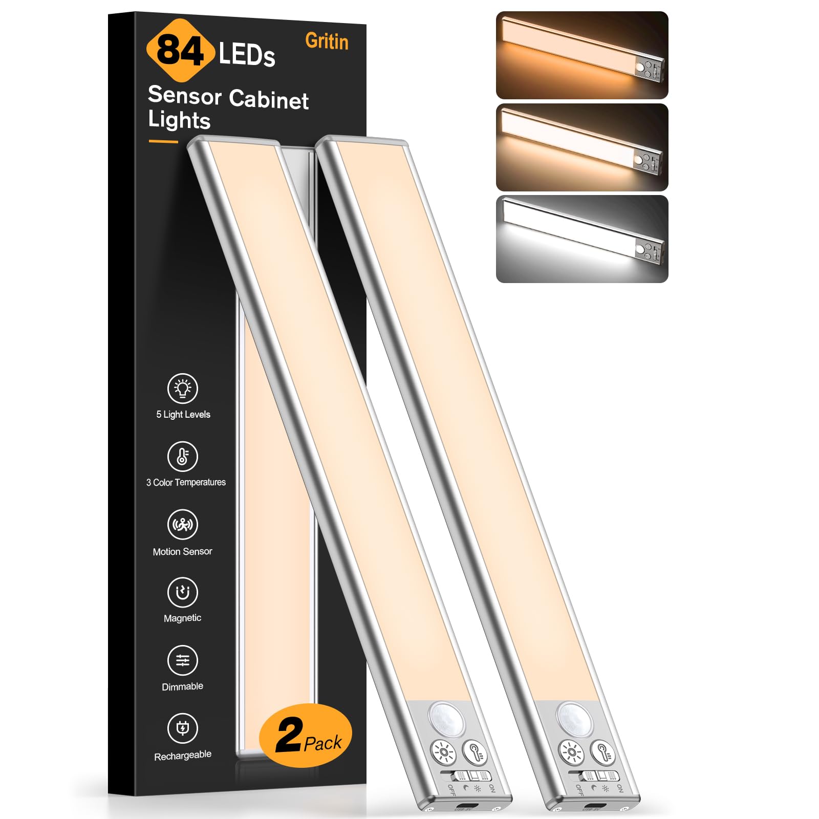 Gritin front view of two 10.2-inch rechargeable under cabinet lights showing slim profile and bright glow