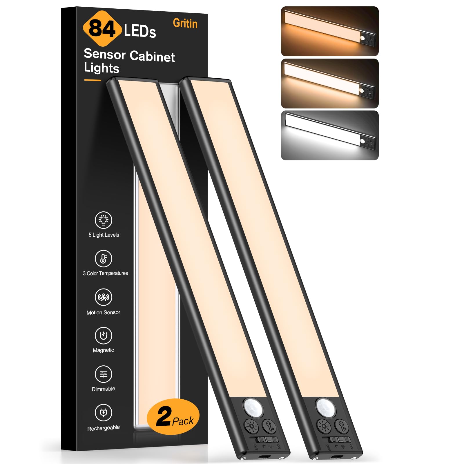 Gritin under cabinet front view showing slim aluminum body and LEDs for bright task lighting