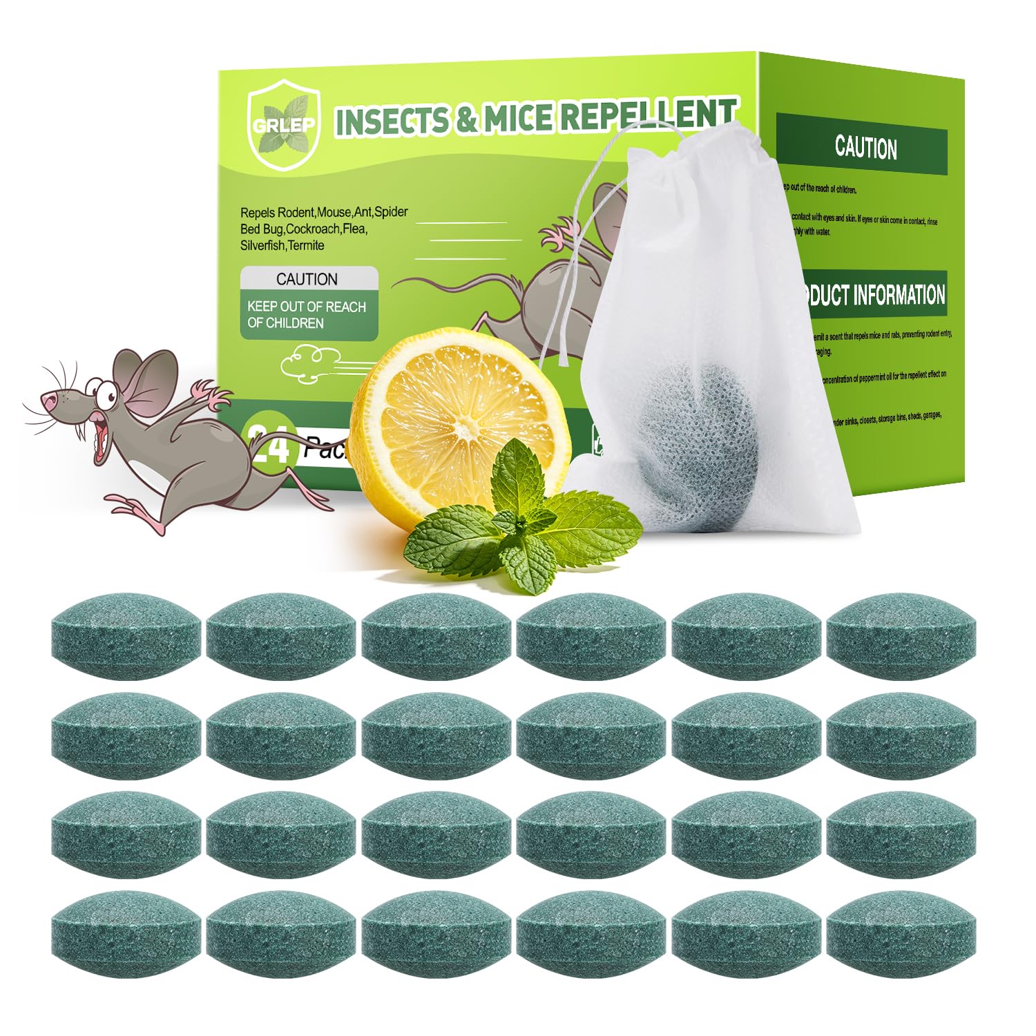 GRLEP front packaging of 24-pack showing contents and uses