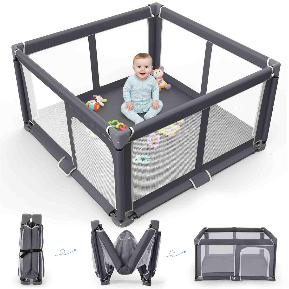 Grobeybees front view of dark gray playpen showing safe play area and airflow