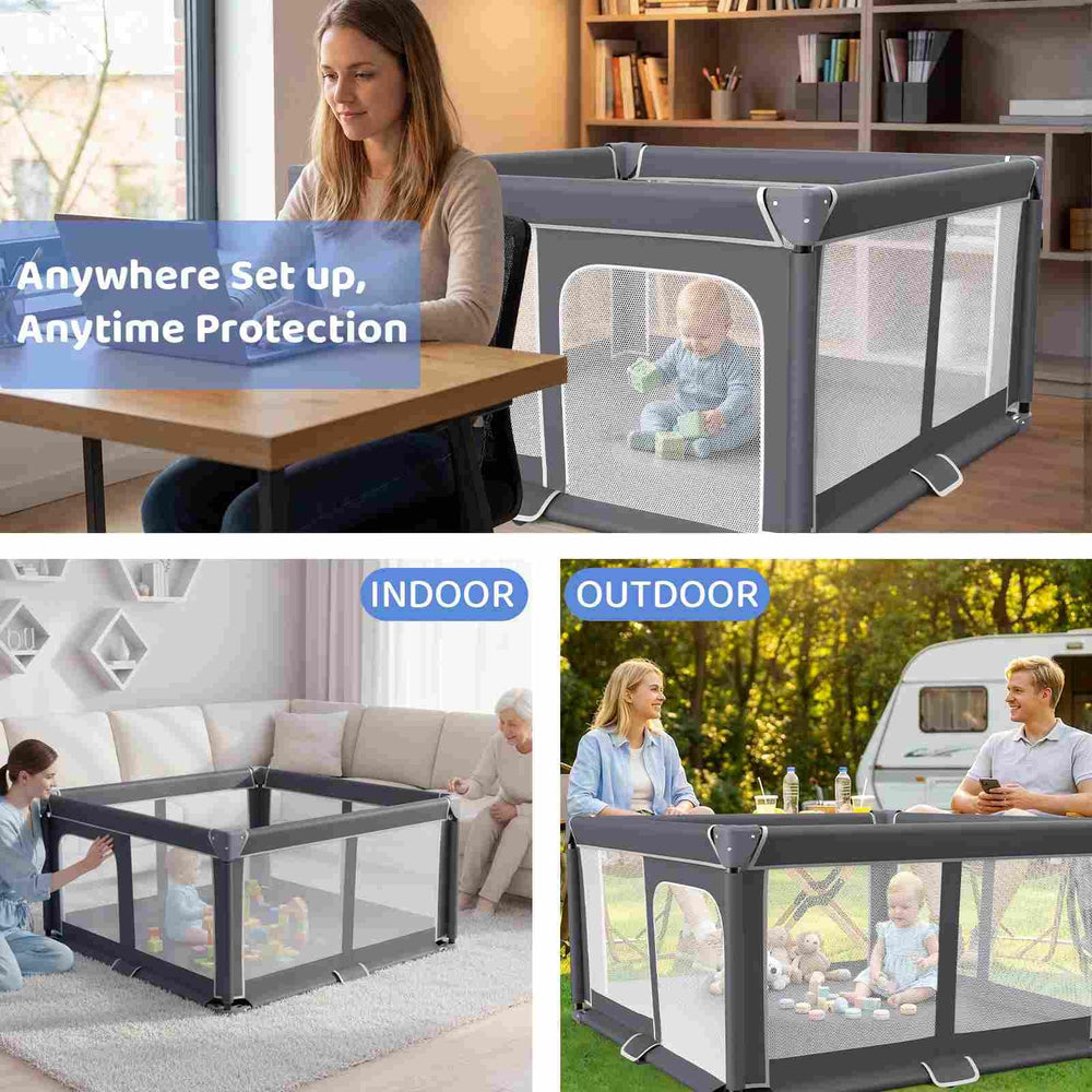 Grobeybees playpen with toys showing 50x50 inch spacious play area