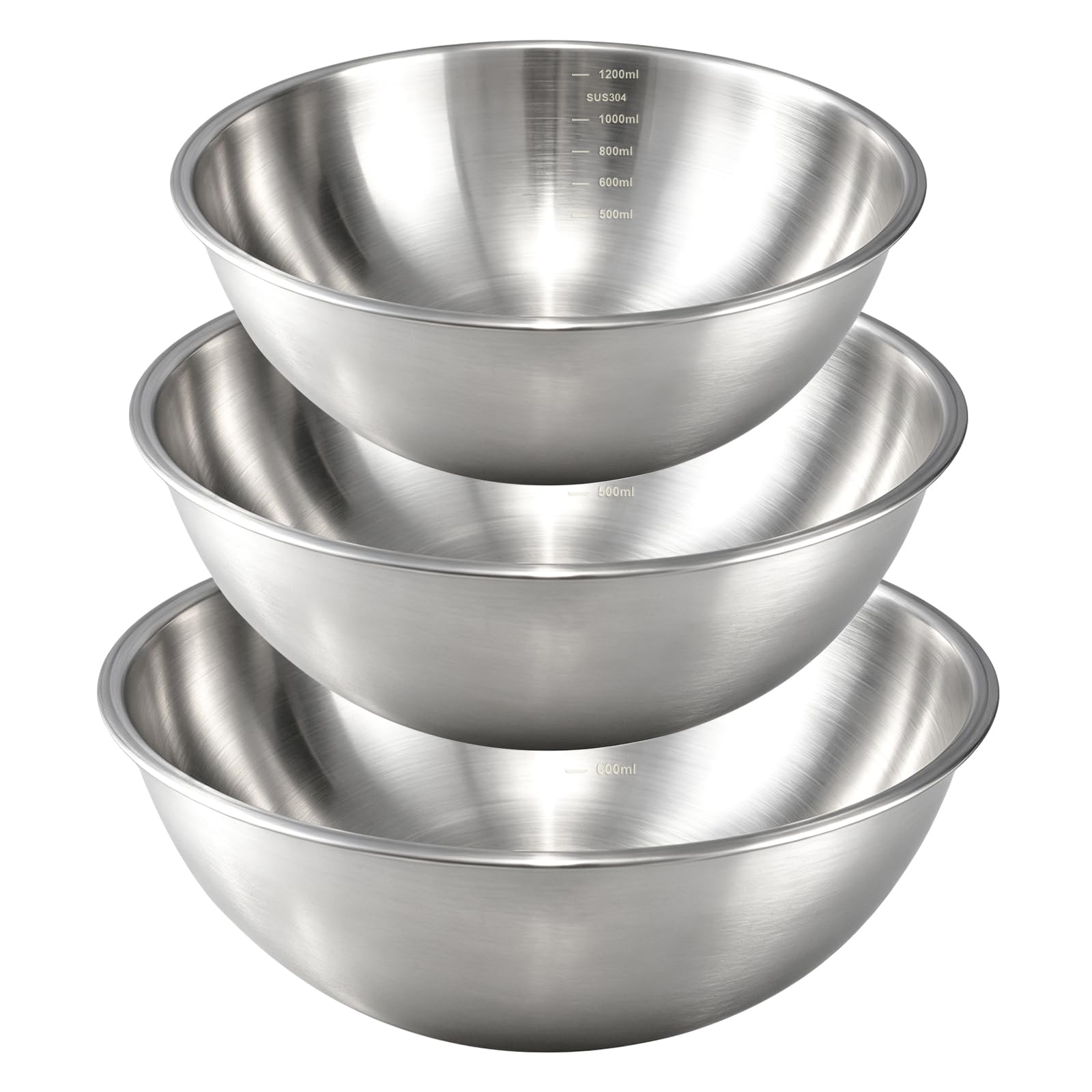 Gronivex front view of three stainless steel mixing bowls showing sizes and finish, durable set
