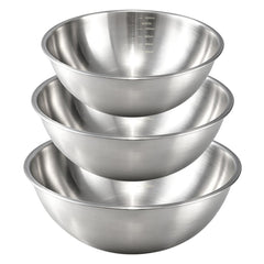 Gronivex front view of three stainless steel mixing bowls showing sizes and finish, durable set