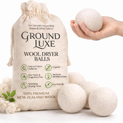 GroundLuxe front view of six-pack packaging showing organic wool benefits