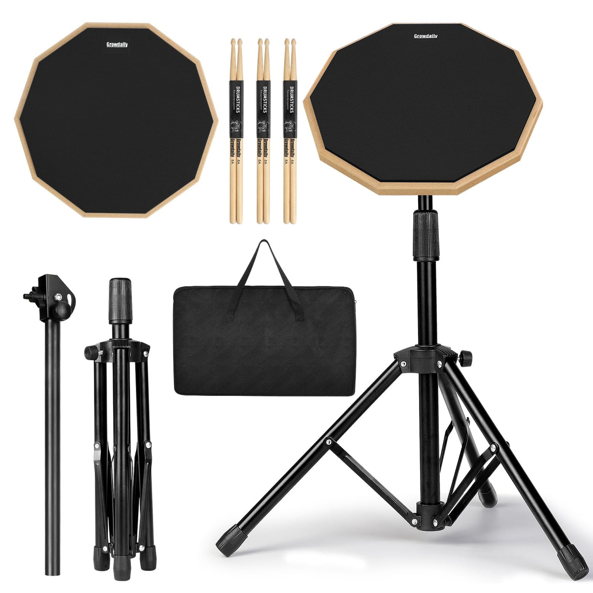 GrowDaily 12-inch drum pad front view showing playing surface and benefit of realistic rebound