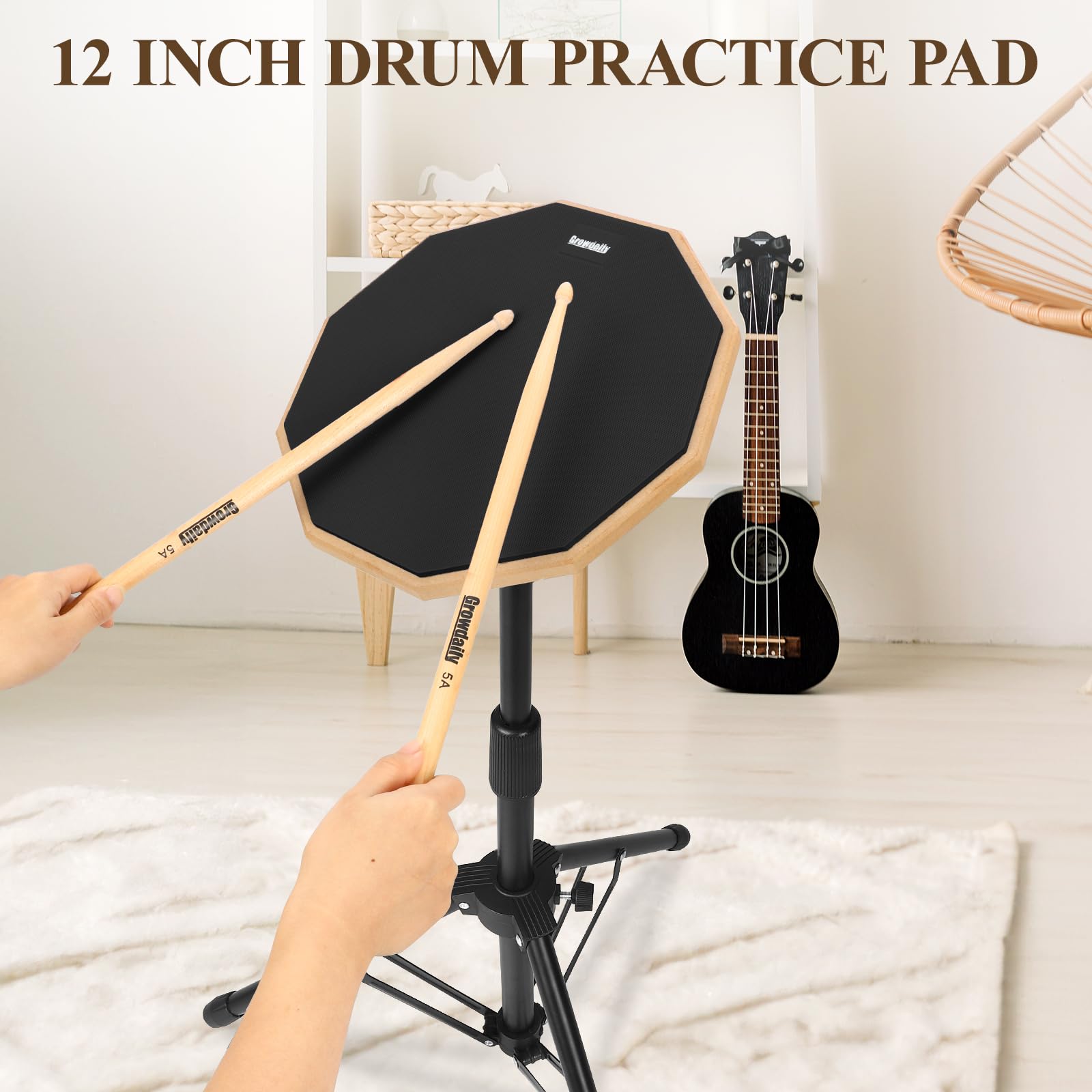 GrowDaily practice setup on stand in a home studio showing quiet warm-up convenience