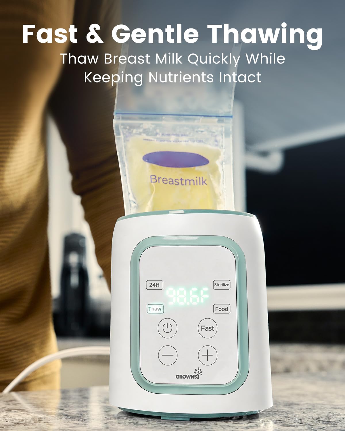 GROWNSY steaming a baby food jar showing gentle heating and sterilization option