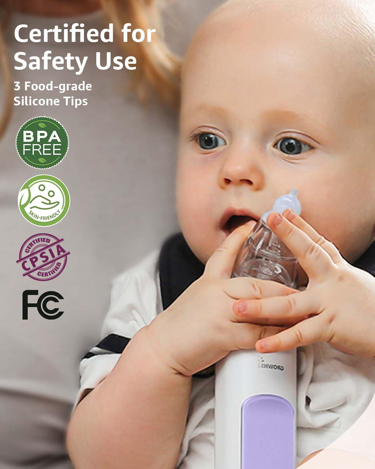 GROWNSY aspirator in use on baby with caregiver holding, demonstrating gentle operation
