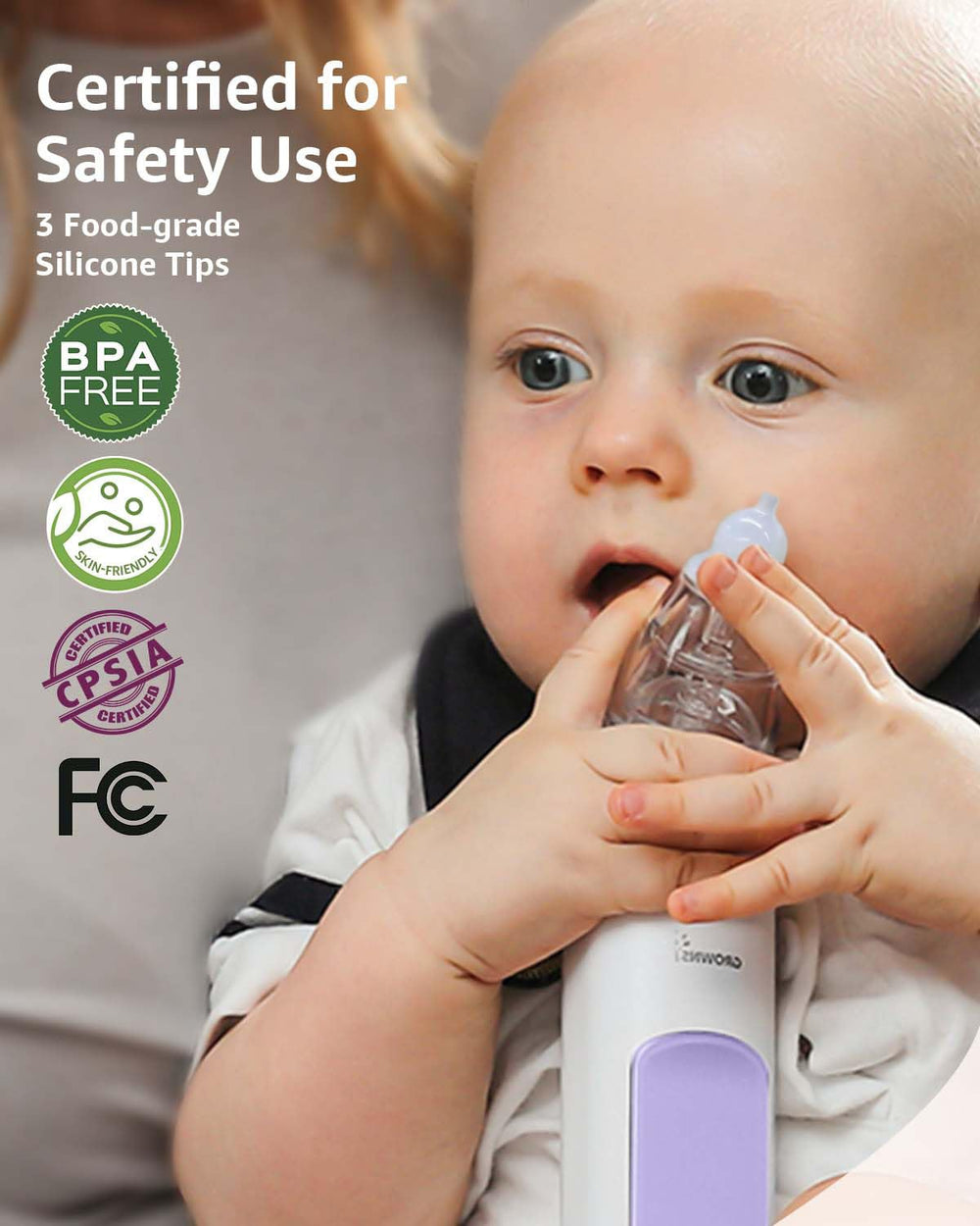 GROWNSY aspirator in use on baby with caregiver holding, demonstrating gentle operation