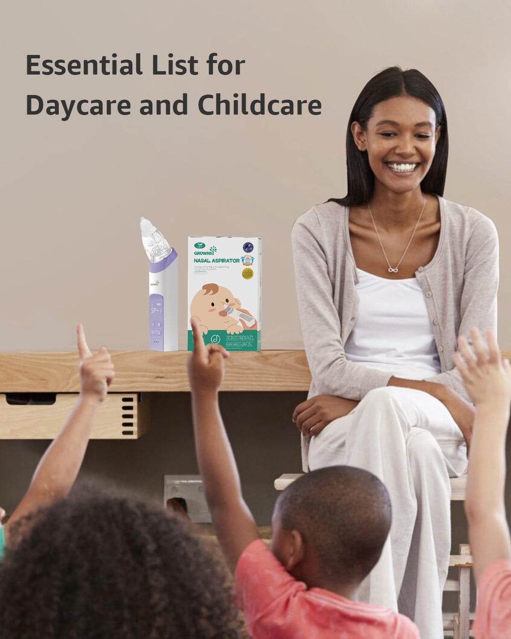 GROWNSY aspirator placed in nursery beside baby items showing calm, everyday use